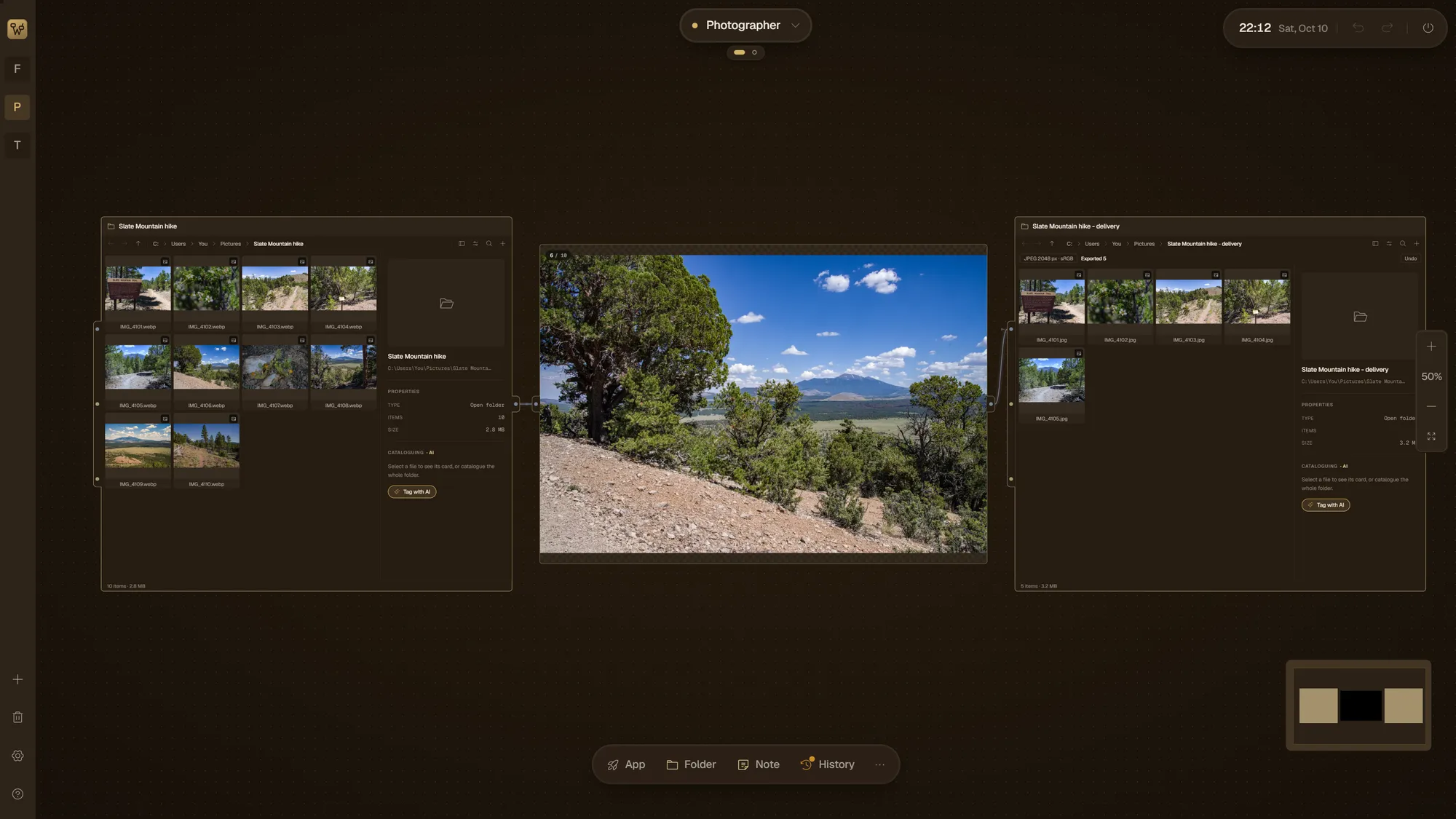 The Photographer workspace: the shoot folder feeds the Image node, and five picked photos are already delivered as JPEG.