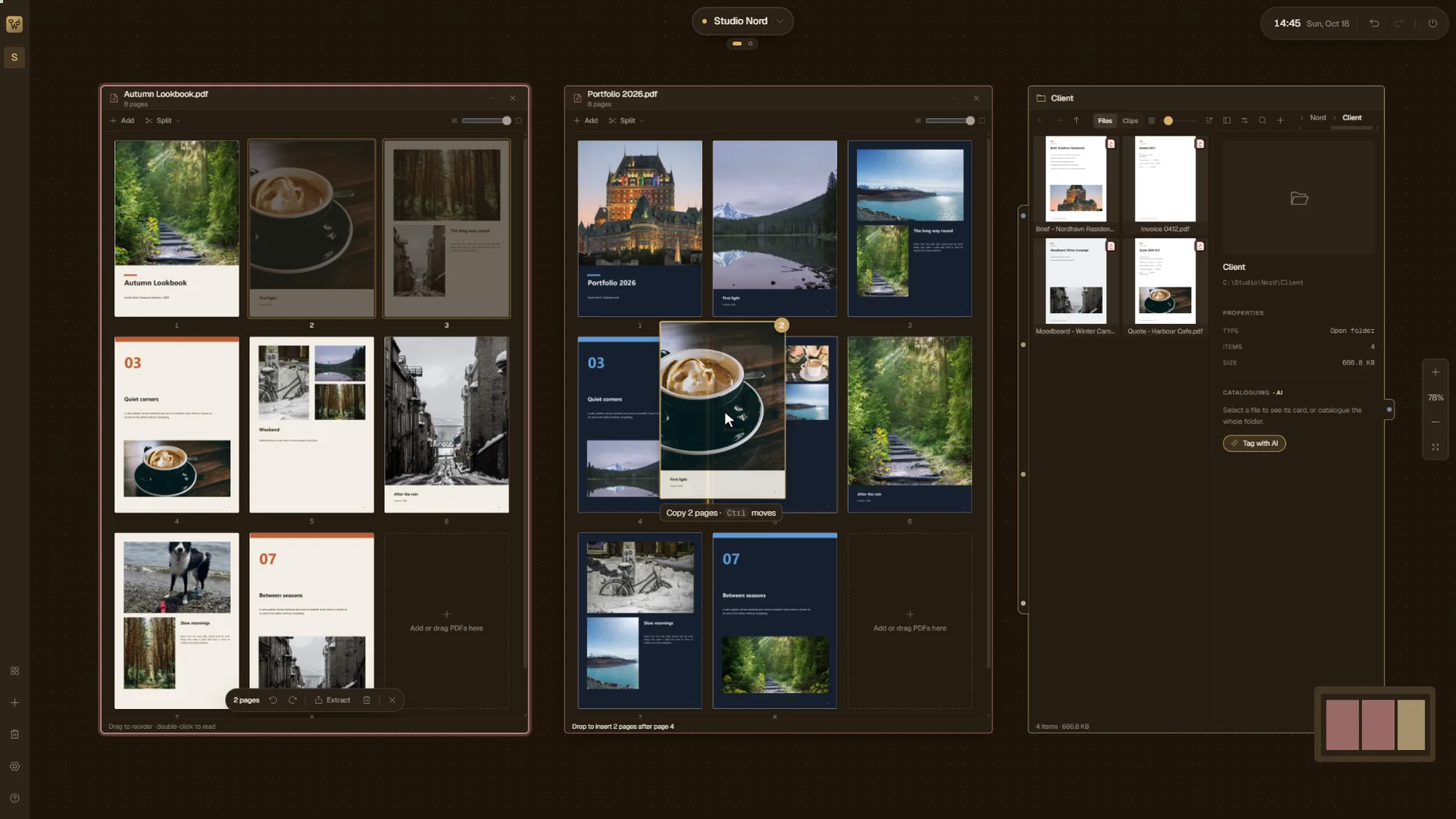 Merging two PDFs: two pages dragged from the lookbook into the portfolio, with the client folder alongside.