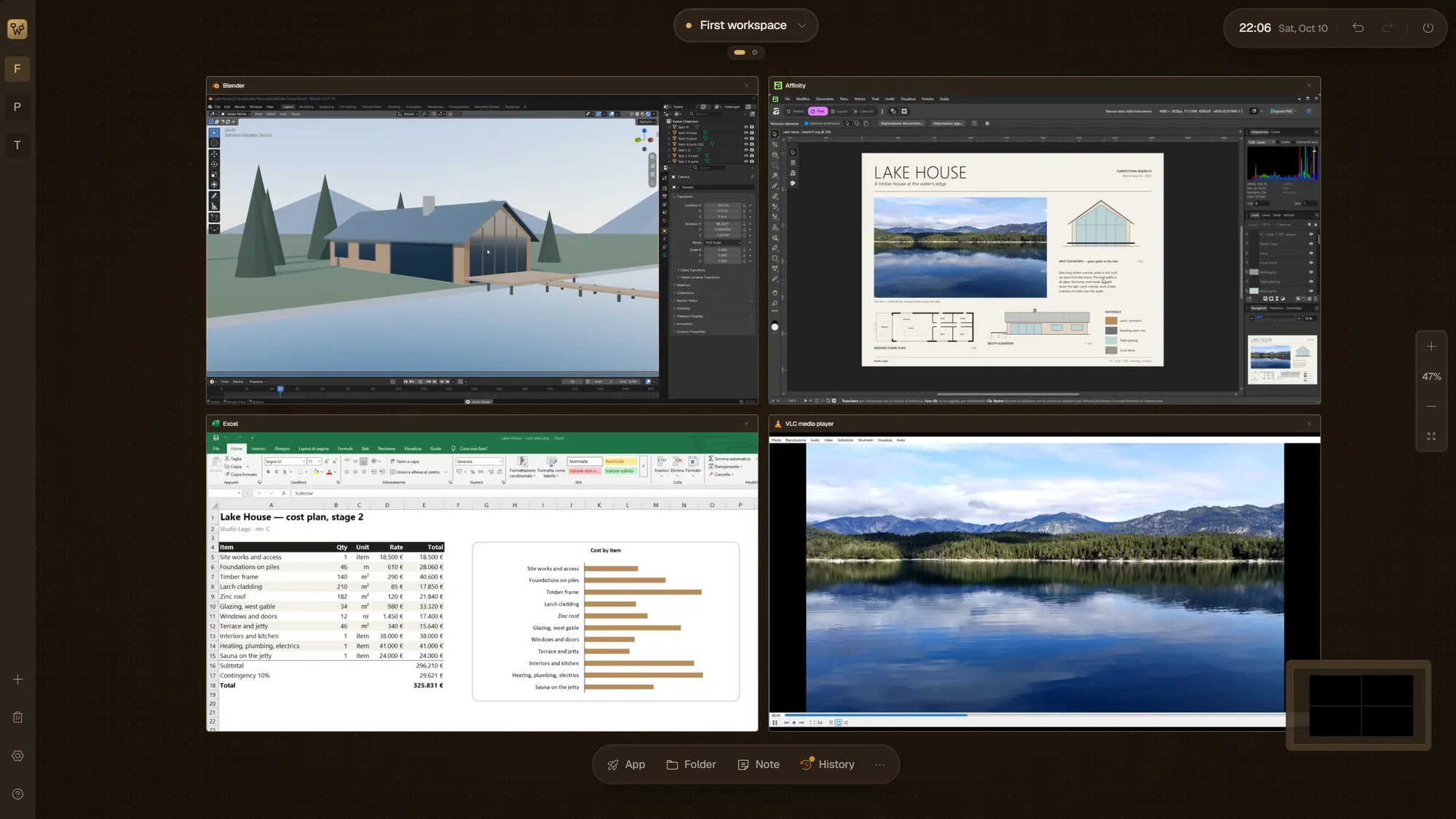 A project workspace: Blender, Affinity, Excel and VLC side by side, all running.