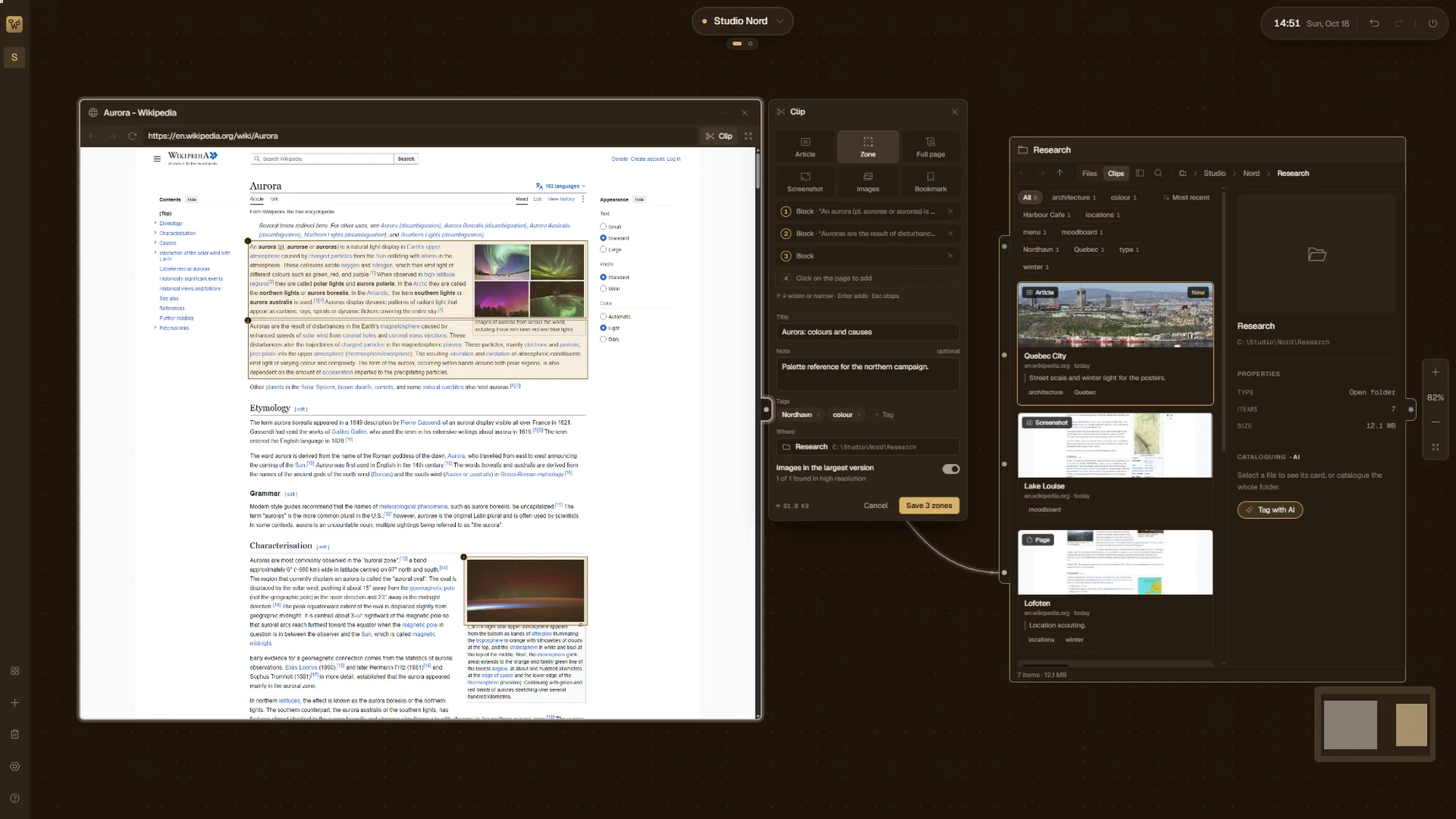 Three zones of a Wikipedia article clipped into the Research folder, with a note and tags.