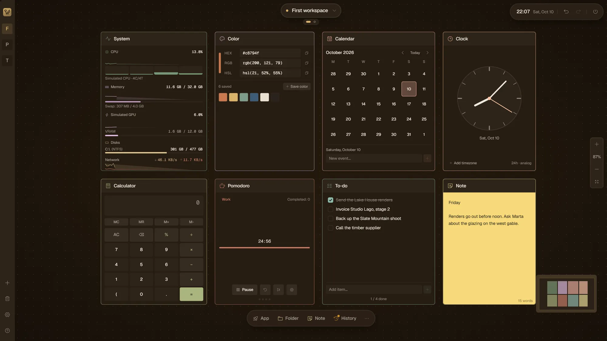 Small tools on the canvas: system, colour, calendar, clock, calculator, Pomodoro, a to-do list and a note.