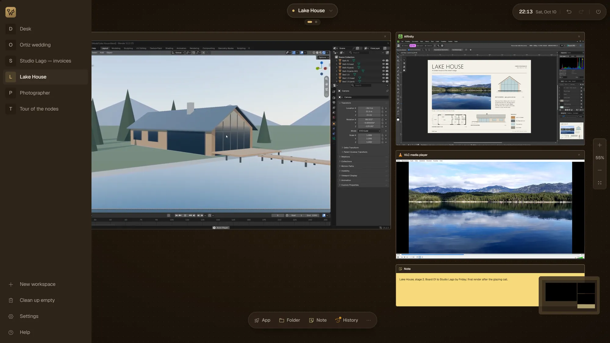 Workspaces by name: Lake House is open, the wedding shoot and the invoices are one click away.