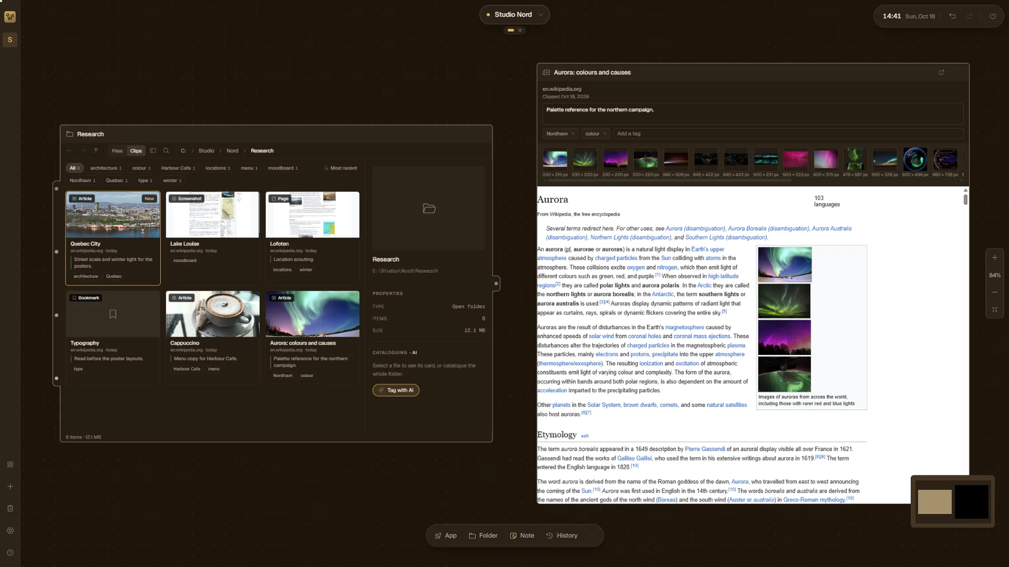 A Folder in Clips view with six cards and their tags, next to a clip of a Wikipedia article open in a Clip node.